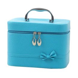 Cute Bowknot Professional Makeup Box Cosmetic Bags Makeup Bags, Blue
